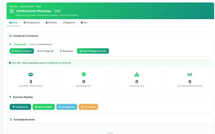 Estado de instancia, cron heartbeat y contadores de envíos.